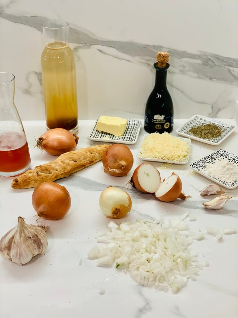 What are the ingredients for the French onion soup?