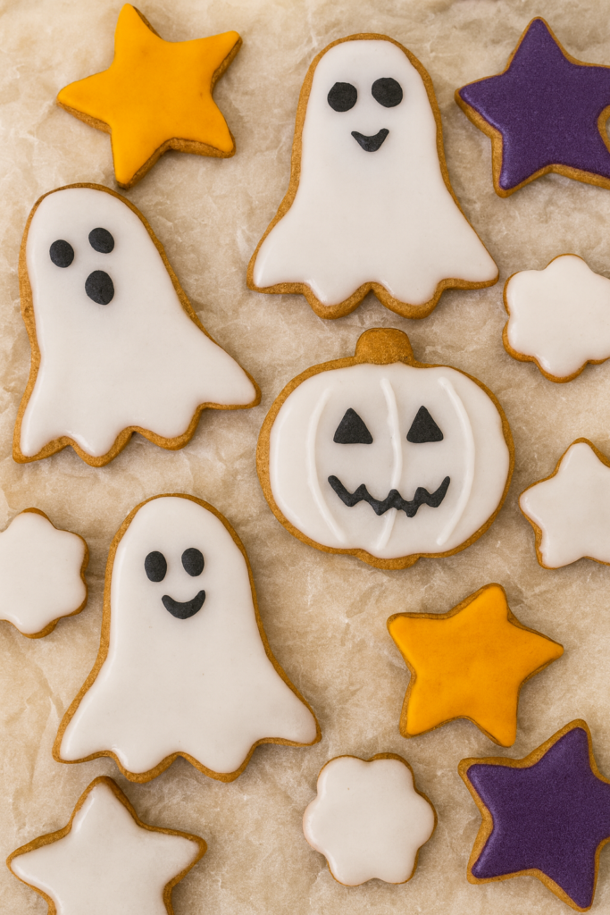 Homemade gingerbread cookies freshly glazed, shaped as hearts, moons, flowers, and rounds. Perfect for Halloween or holiday baking.