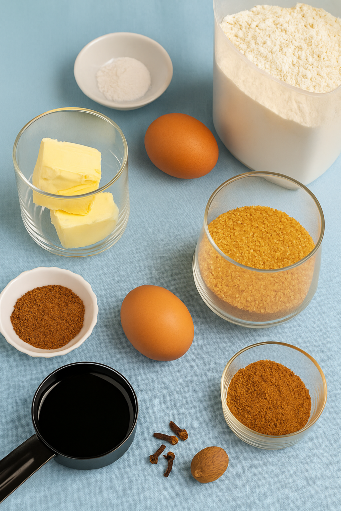 Ingredients for Halloween gingerbread cookies with pomegranate molasses – flour, sugar, butter, egg, spices, and molasses arranged for baking.